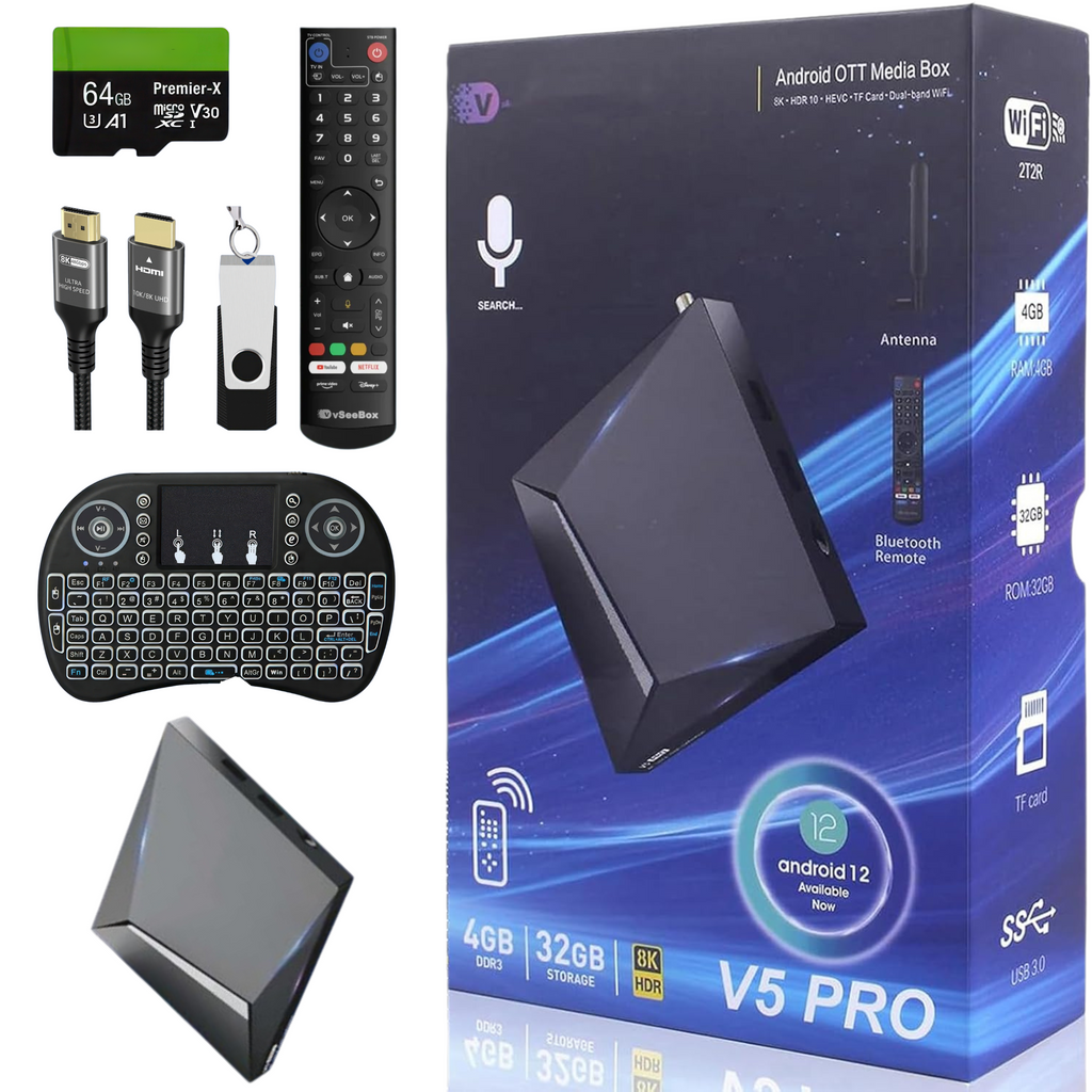vSeeBox V5 Pro Android 12 TV Box (2025 Model) - 6K/8K Ultra HD, 4GB RAM 64GB Storage, WiFi 6, Bluetooth 5.0 - Premium Bundle with Backlit Keyboard, 64GB SD Card & 64GB USB Drive