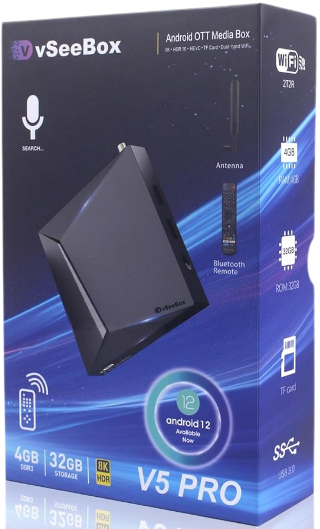 vSeeBox V5 Pro Android 12 TV Box (2025 Model) - 6K/8K Ultra HD, 4GB RAM 64GB Storage, WiFi 6, Bluetooth 5.0 - Premium Bundle with Backlit Keyboard, 64GB SD Card & 64GB USB Drive