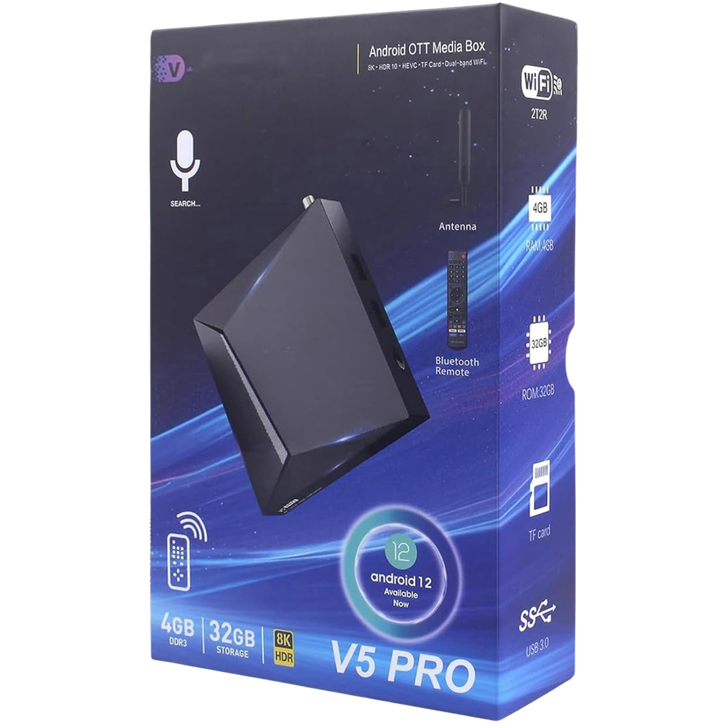 vSeeBox V5 Pro Android 12 TV Box (2025 Model) - 6K/8K Ultra HD, 4GB RAM 64GB Storage, WiFi 6, Bluetooth 5.0 - Premium Bundle with Backlit Keyboard, 64GB SD Card & 64GB USB Drive
