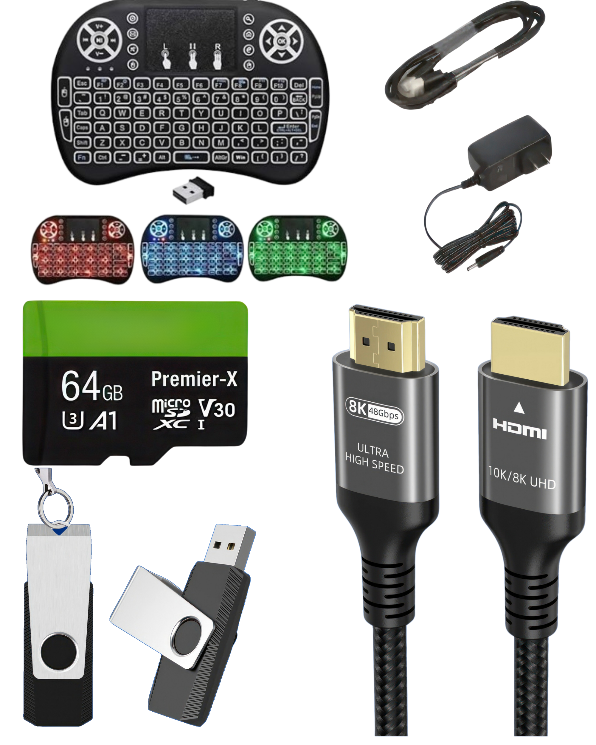 Bonus accessories bundle for vSeeBox V6 Plus: Backlit mini wireless keyboard, 64GB high-speed SD card, and 64GB USB thumb drive