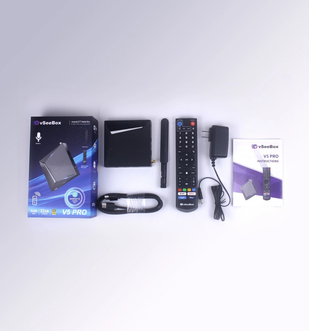 vSeeBox V5 Pro Android 12 TV Box (2025 Model) - 6K/8K Ultra HD, 4GB RAM 64GB Storage, WiFi 6, Bluetooth 5.0 - Premium Bundle with Backlit Keyboard, 64GB SD Card & 64GB USB Drive