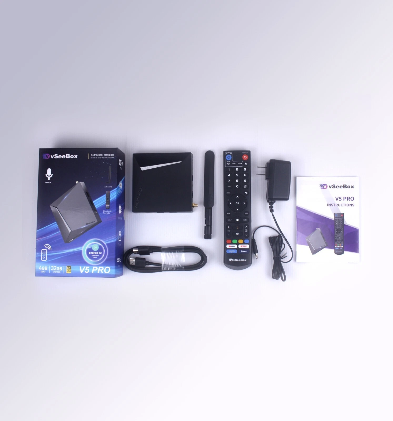 vSeeBox V5 Pro Android 12 TV Box (2025 Model) - 6K/8K Ultra HD, 4GB RAM 64GB Storage, WiFi 6, Bluetooth 5.0 - Premium Bundle with Backlit Keyboard, 64GB SD Card & 64GB USB Drive